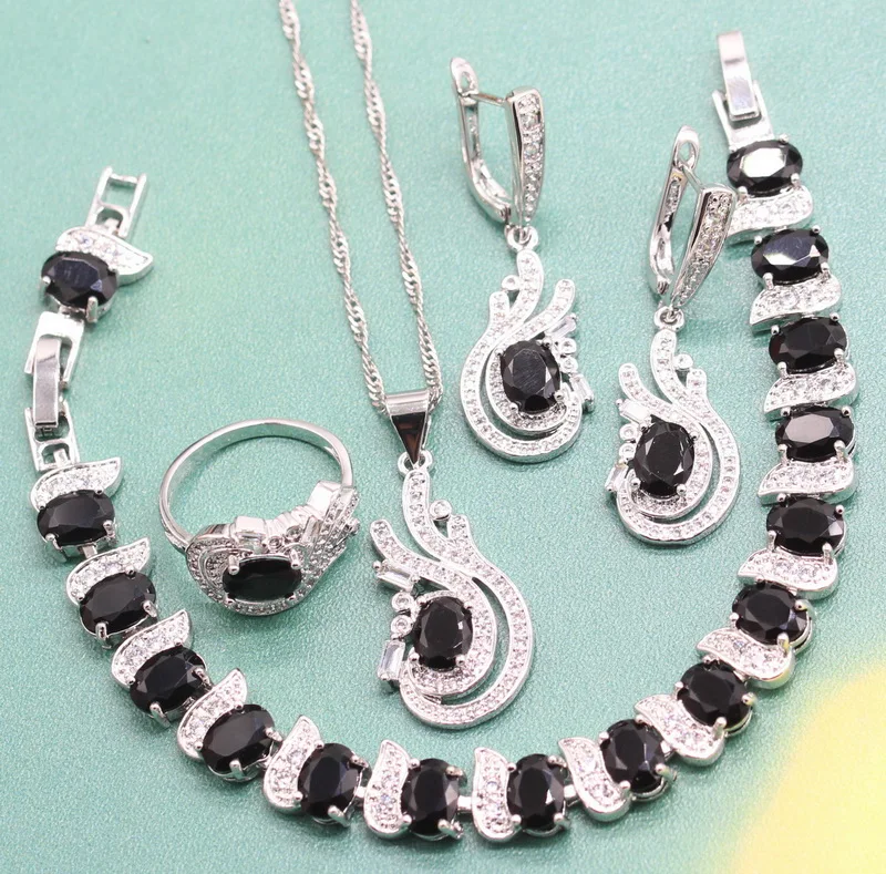 

Black Synthesis Zircon 925 Sterling Silver Women 's Jewelry Sets Pendants Necklaces Drop Earrings Ring Bracelet Free Jewelry Box