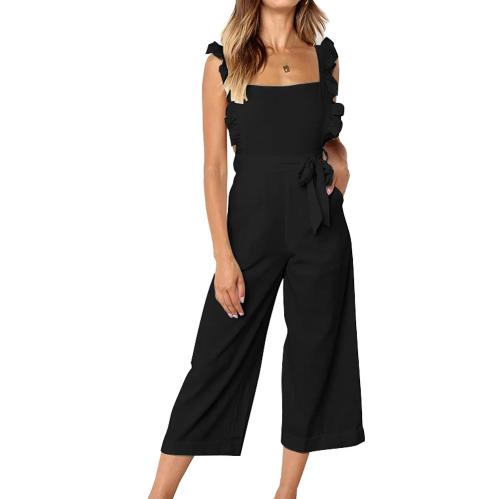 

2019 Spring and Summer New Women's Explosions Four-color Straps Slim Nine-leg Wide Leg Jumpsuit Combinaison Femme Body Femme