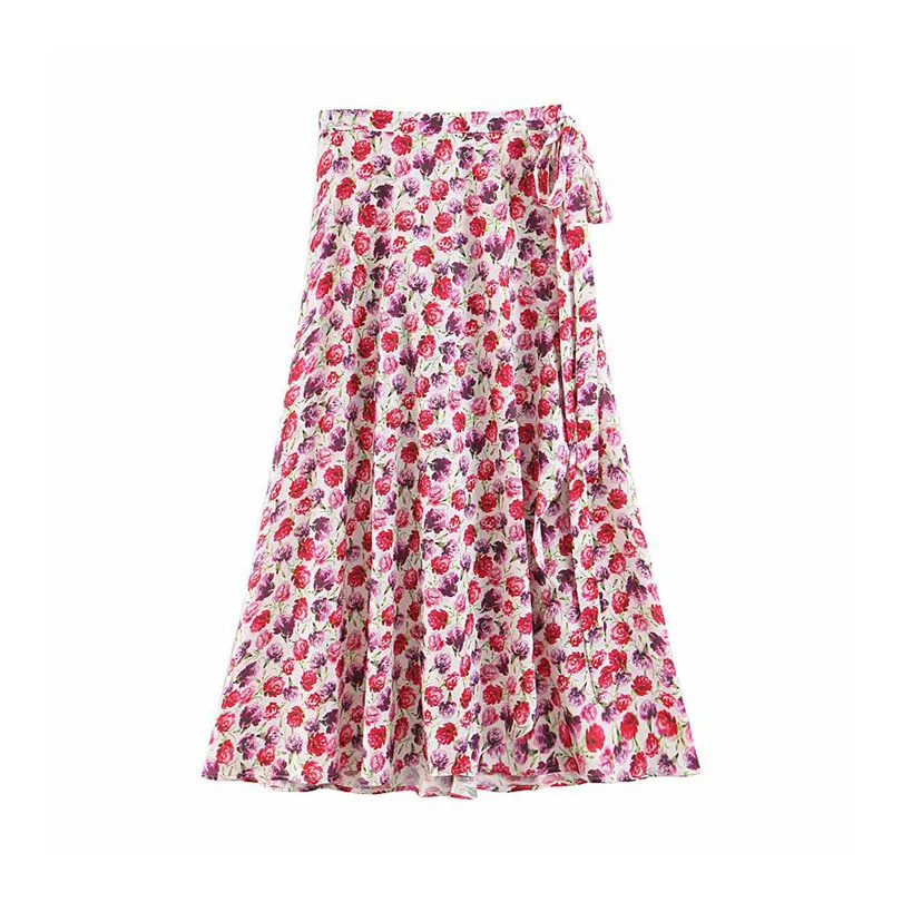 

Women sweet chic flower print wrap skirts faldas mujer bow tie sashes split female casual straight Ankle length skirts