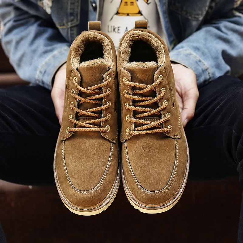 

Loveontop Martin Boots Men Suede Leather Short Plush Men's Winter Boots Keep Warm Lace-Up Fur Snow Ankle Boots Man Shoes