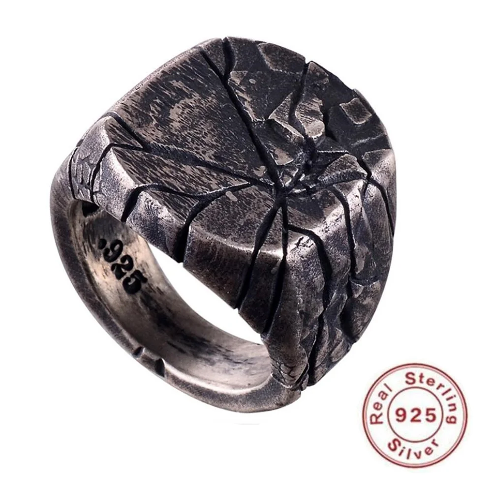 

BFQ Retro S925 Sterling Silver Cracked Men's Domineering Personality Square Ring Original Bark Crack Ring