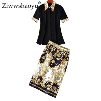 

Ziwwshaoyu Beading diamond Turn-down Collar Top + empire pencil skirt Set Vintage Print Sets Spring and summer new women's