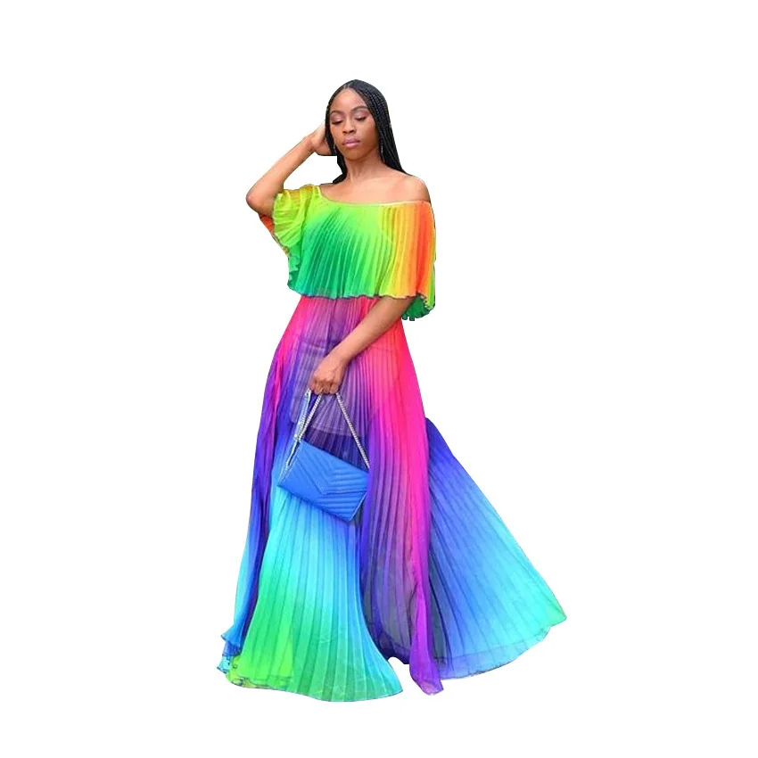 XURU летнее Новое шифоновое платье с градиентом, плиссированное сексуальное богемное пляжное длинное платье, комбинированное платье с принтом Tie Dye
