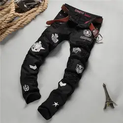 Повседневные рваные джинсы с черепом мужские хлопковые прямые черные обтягивающие джинсы известного бренда модные дизайнерские рваные