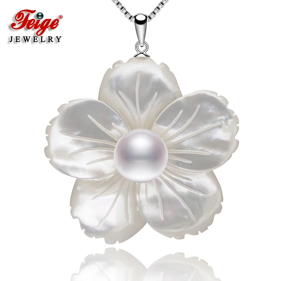 

Exclusive Design Natural Pearl Pendant Necklaces for Women Shell Carving Fine Jewelry Gifts Real 925 Sterling Silver Chain FEIGE