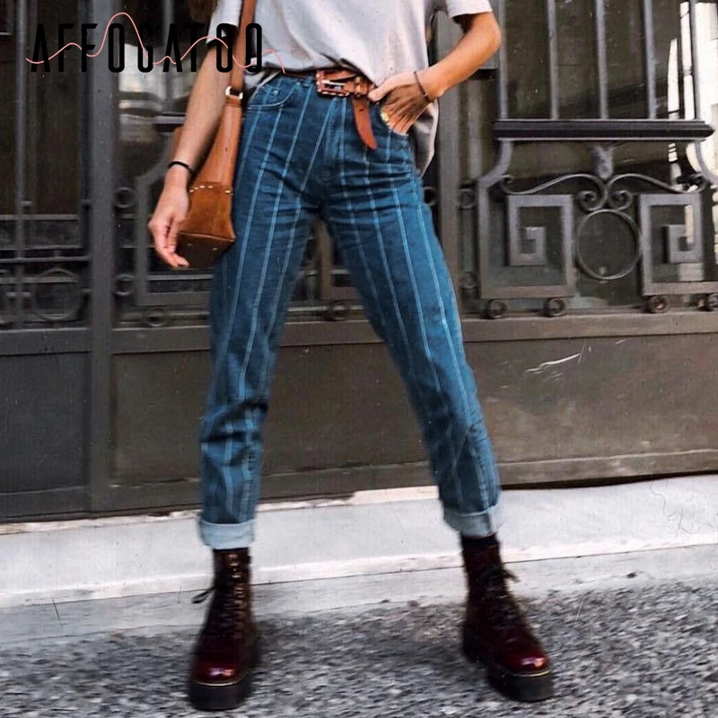 Affogatoo Sexy stripe denim women zipper pants Fashion pocket blue jeans women Casual streetwaer skinny slim autumn trousers
