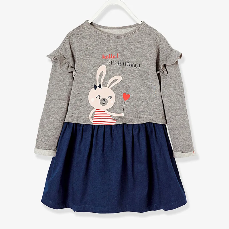 

Little Maven Spring Autumn New Kids Gray Blue Patchwork Rabbit Full-Sleeved O-neck 1-6yrs Knitted Cotton Girls Casual Dresses