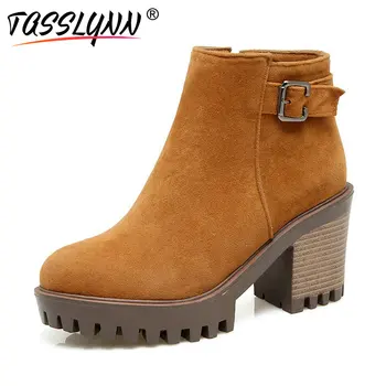 

TASSLYNN 2019 Shoes Women Suede Square Heels Ankle Boots Buckle High Heels Autumn Shoes Zipper Women Round Toe Boots Size 34-43