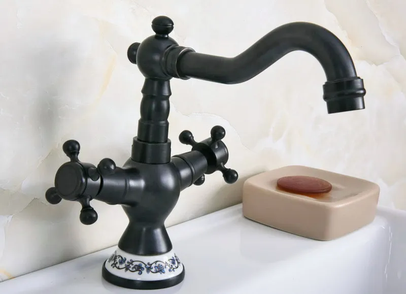 Oil Rubbed Bronze Dual Cross Handles Ceramic Base Bathroom Kitchen Basin Sink Faucet Mixer Tap Swivel Spout Deck Mounted mnf645