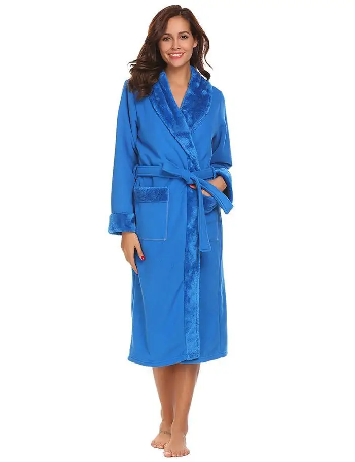 Ekouaer женщины мягкие плюшевые Fleece Long Robe спа Халат спереди открытым халат невесты халаты Loungewear зима теплая ночная