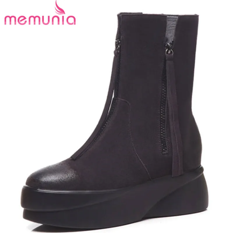 

MEMUNIA 2020 hot sale ankle boots women zip cow suede leather boots round toe autumn winter boots fashion platform shoes woman