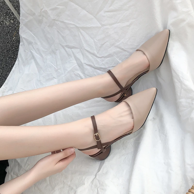 SLHJC/Летние босоножки с острым закрытым носком; кожаные босоножки с пряжкой на низком каблуке; женские модные элегантные офисные туфли-лодочки; Каблук 3,5 см