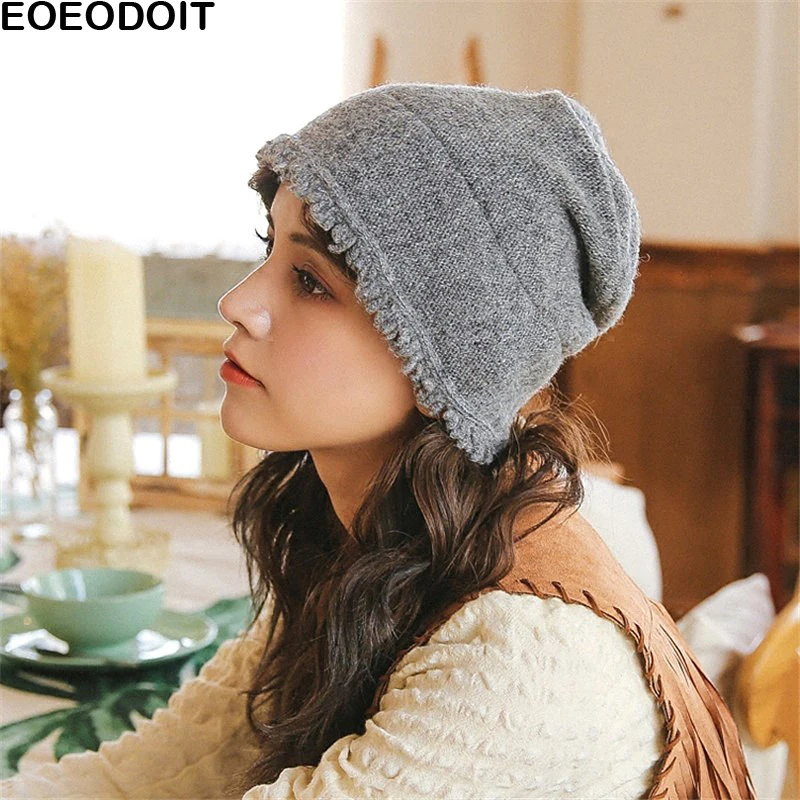Image EOEODOIT 2018 Spring Autumn Hats Caps Women Leisure Feel Tassel Wool Cotton Blended Knitted Bucket Hats Fashion Caps Newest!!!