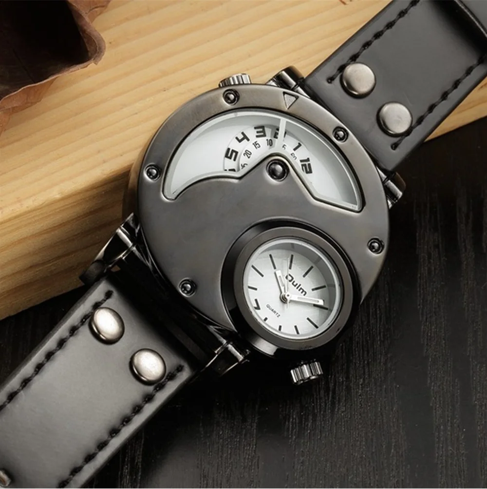 Oulm спортивные часы мужские роскошные брендовые дизайнерские кварцевые часы с двойным временем Водонепроницаемые кожаные мужские часы для студентов Новинка мужские