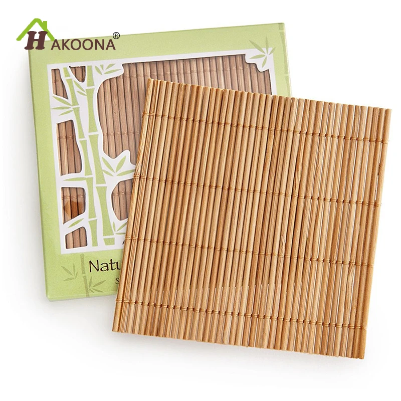 HAKOONA 4 Pcs Cup Mats Set Simple Square Natural Bamboo Eco Friendly
