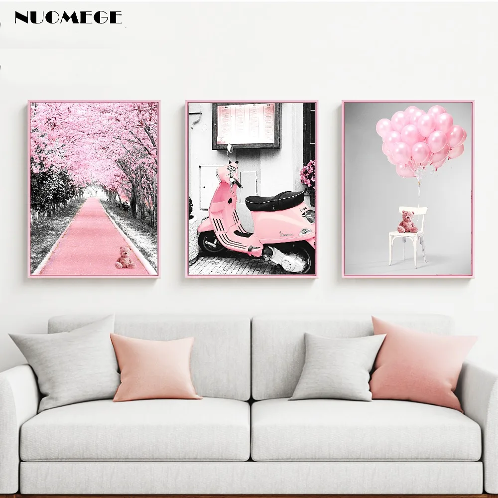 Современные украшения Розовый Прекрасный Электрический автомобиль плакаты и принты цветок море холст Рисование воздушный шар картина для комнаты девушки