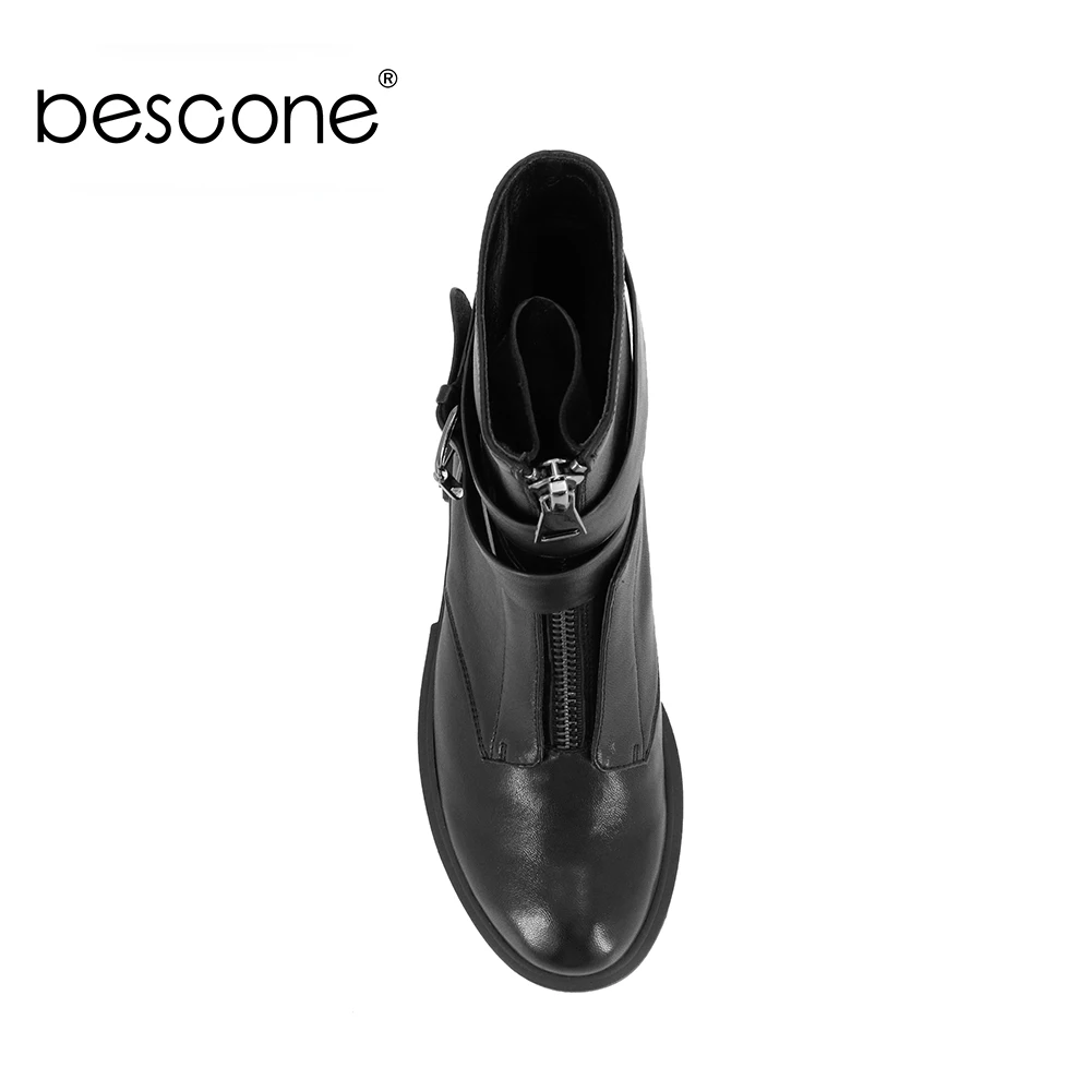 Talons Fermeture Chaussures Véritable Décontracté Bottines De Bescone Confortable À Cuir M46 Sangle Glissière Bout Bas Rond Boucle Dame En Carré Black Bottes 7Yqx7wvF