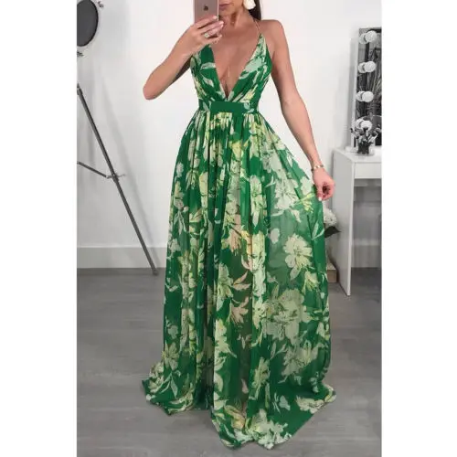 

Maxi Boho Floral Beach Long Dress Backless Evening Party Women Dresses Summer Sleeveless V-neck