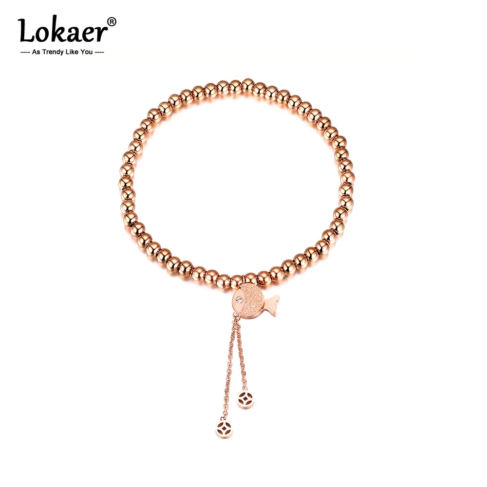 

Lokaer Trendy Small Fish Inlaid Zircon Ladies Beaded Bracelet Titanium Steel Rose Gold Charm Chain & Link Women Jewelry OGS1006