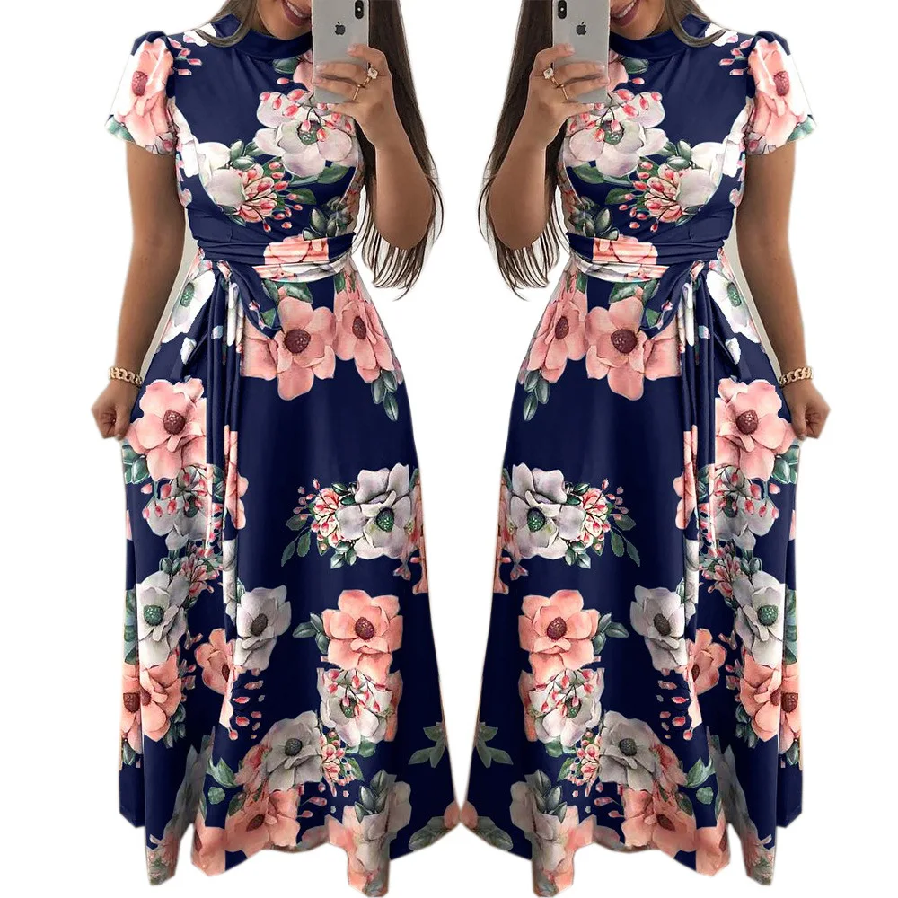 

5XL Plus Size Summer Dress Women Print Vestidos Casual Turtle Neck Puff Sleeve Beach Dress Party Big Pendulum Long Maxi Dresses