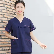 Женский топ из чистого хлопка с v-образным вырезом и боковым шлицем, цветная блокирующая медицинская форма с коротким рукавом, рабочая одежда медсестры(просто топ