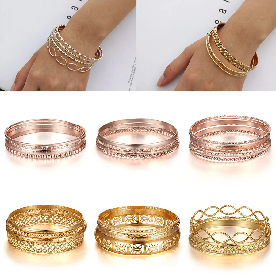Индийский этнический сплав Комбинированный браслет комплекты с браслетом 4/6 шт круглый круг ручной манжета золото/розовое золото женский браслет ювелирные изделия