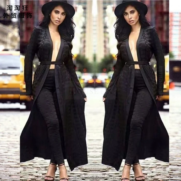 Женское зимнее длинное пальто черного цвета и цвета хаки, комплект из 3 предметов, куртка для подиума и брюки, кардиган, элегантные женские длинные халаты, бандажный плащ знаменитостей