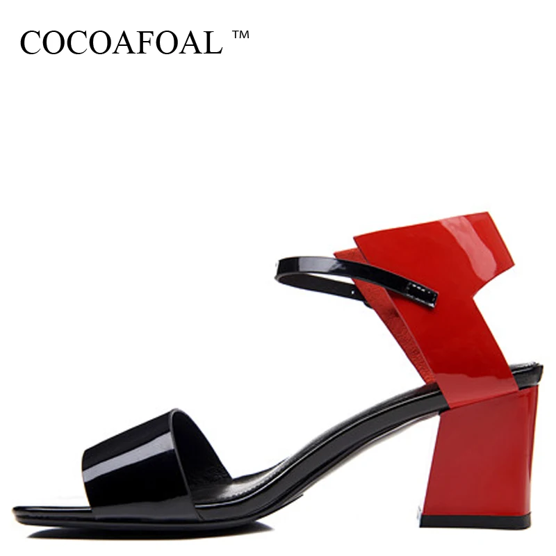 

COCOAFOAL Women Red Sandals Cow Leather Fashion Sexy Patent Leather Heel Height Shoes Genuine Leather White Green Sandals 2018