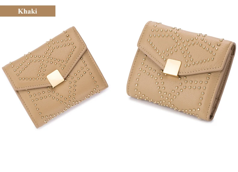 Lomelobo Ladies Rivets Small Wallet Genuine Cow Leather Women Three-Fold Short Personality Wallet Girls Credit Card Holder Purse HPL2627-1 Details (18)