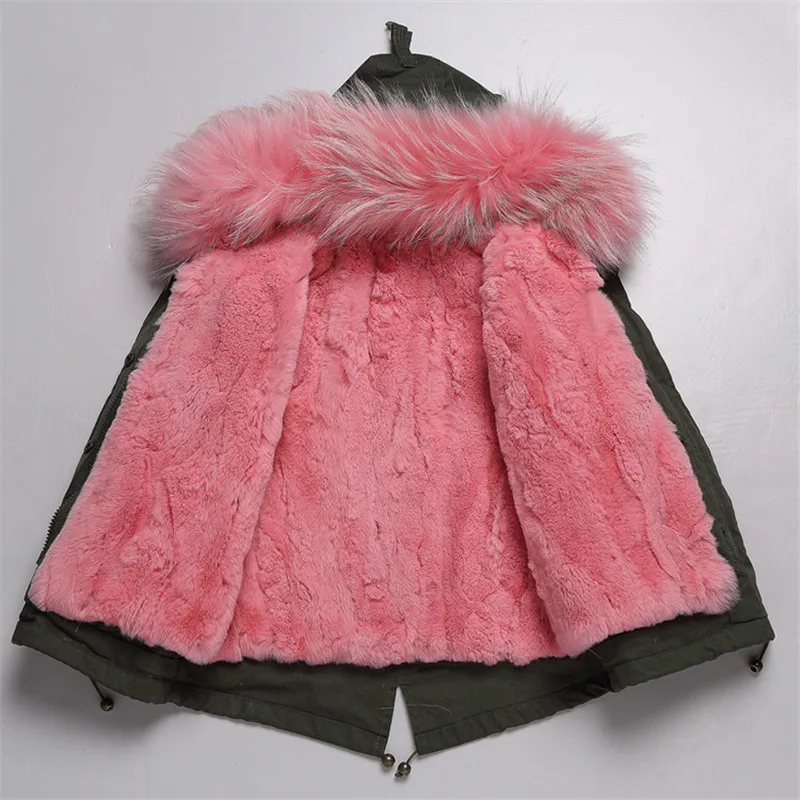Army green Parpas/пальто для девочек с кроличьим мехом, зимнее детское теплое пальто, парки с воротником из меха енота, длинное съемное пальто C #02