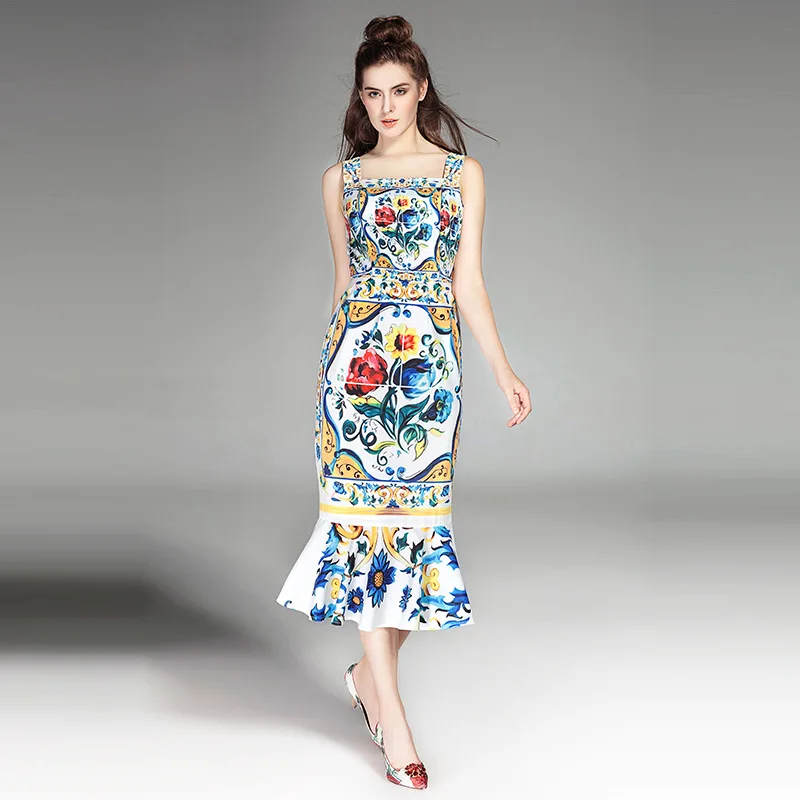 

High quality brand design retro print fishtail dress 2018 summer runways spaghetti strap dress Fashion slim vintage dress E335