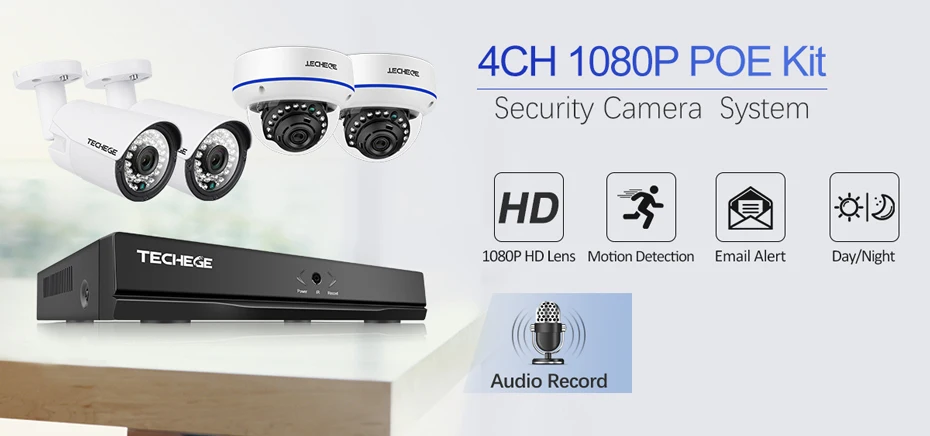 Techege 4CH 1080 P H.265 POE NVR аудио-видео-система 2MP Крытый Открытый IP Камера Водонепроницаемый оповещение по электронной почте видеонаблюдения