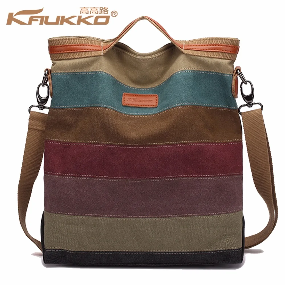 KAUKKO Famous Brand Women Canvas Handbag Leather Shoulder Bag Stripes Crossbody Bag Patchwork ...