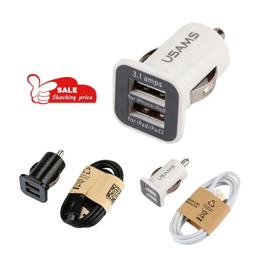 Двойной USB 2 порта DC Автомобильное зарядное устройство 3.1A адаптер с микро кабелем