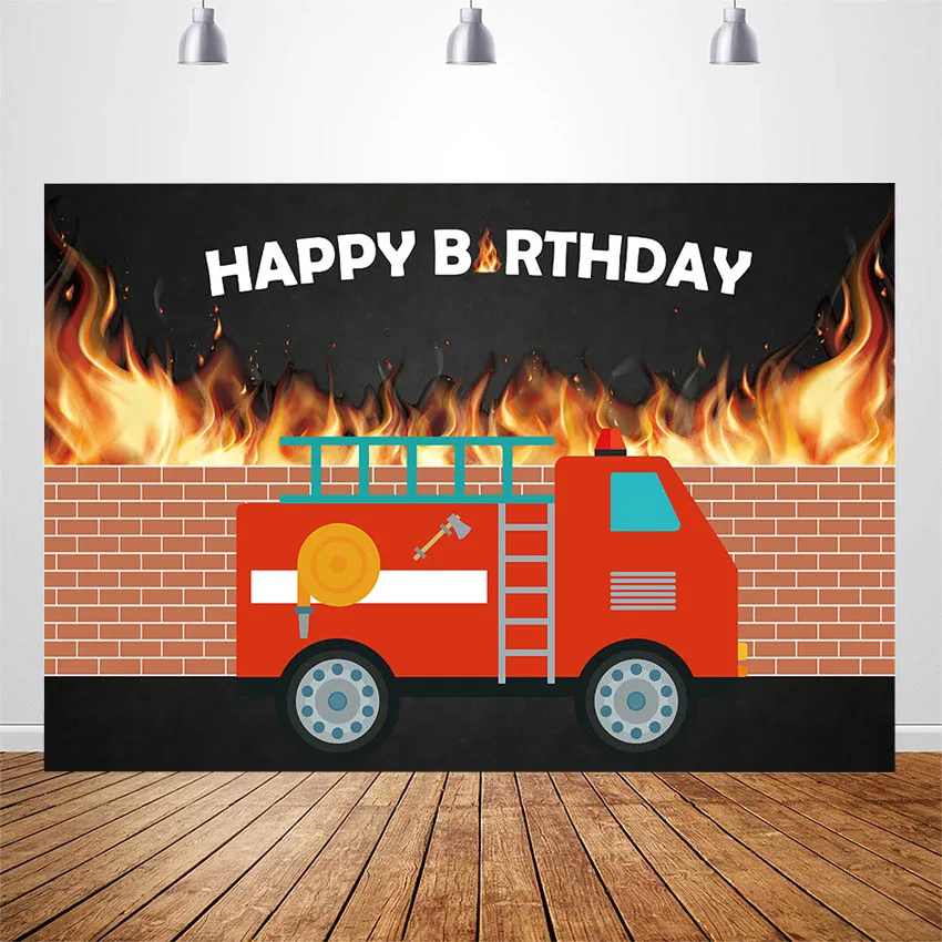 firefighter PRINTED fire truck Birthday round fabric backdrop Banners,Photography custom Newborn 1 year background stand party decor
