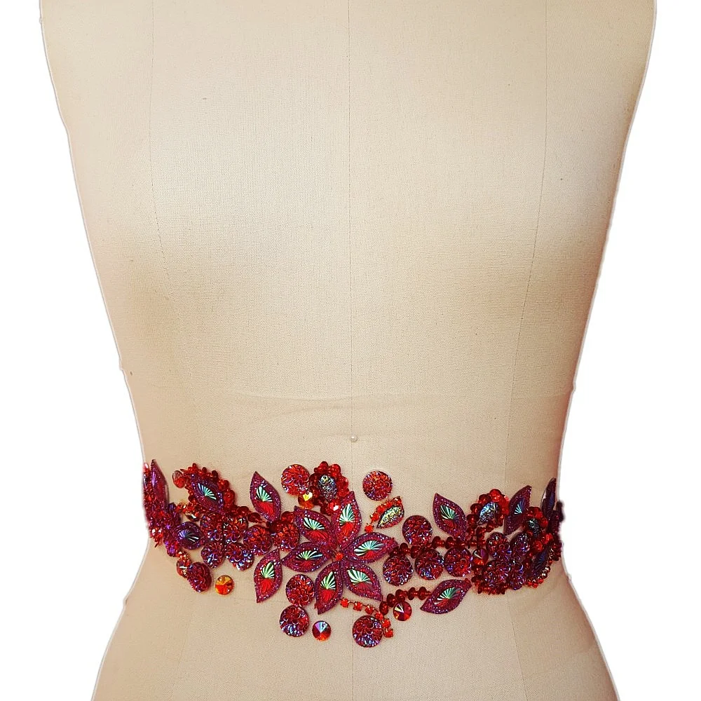 

Handmade Patches Sew-on Red Rhinestones Applique DIY for Wedding Dress Decor Accessory 10x36cm Belt Waist Decoration