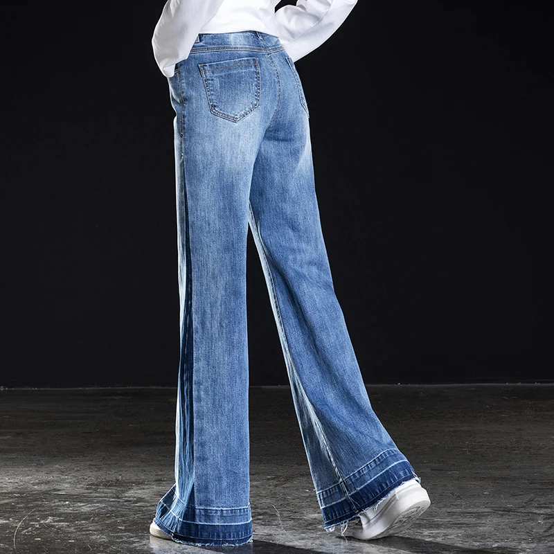 Goede 2019 Nieuwe Elasticiteit Hoge Taille Vrouwen Full Length Flare Jeans Hoge Kwaliteit Patchwork gebleekte Losse Wijde Pijpen Broek Lente Zomer