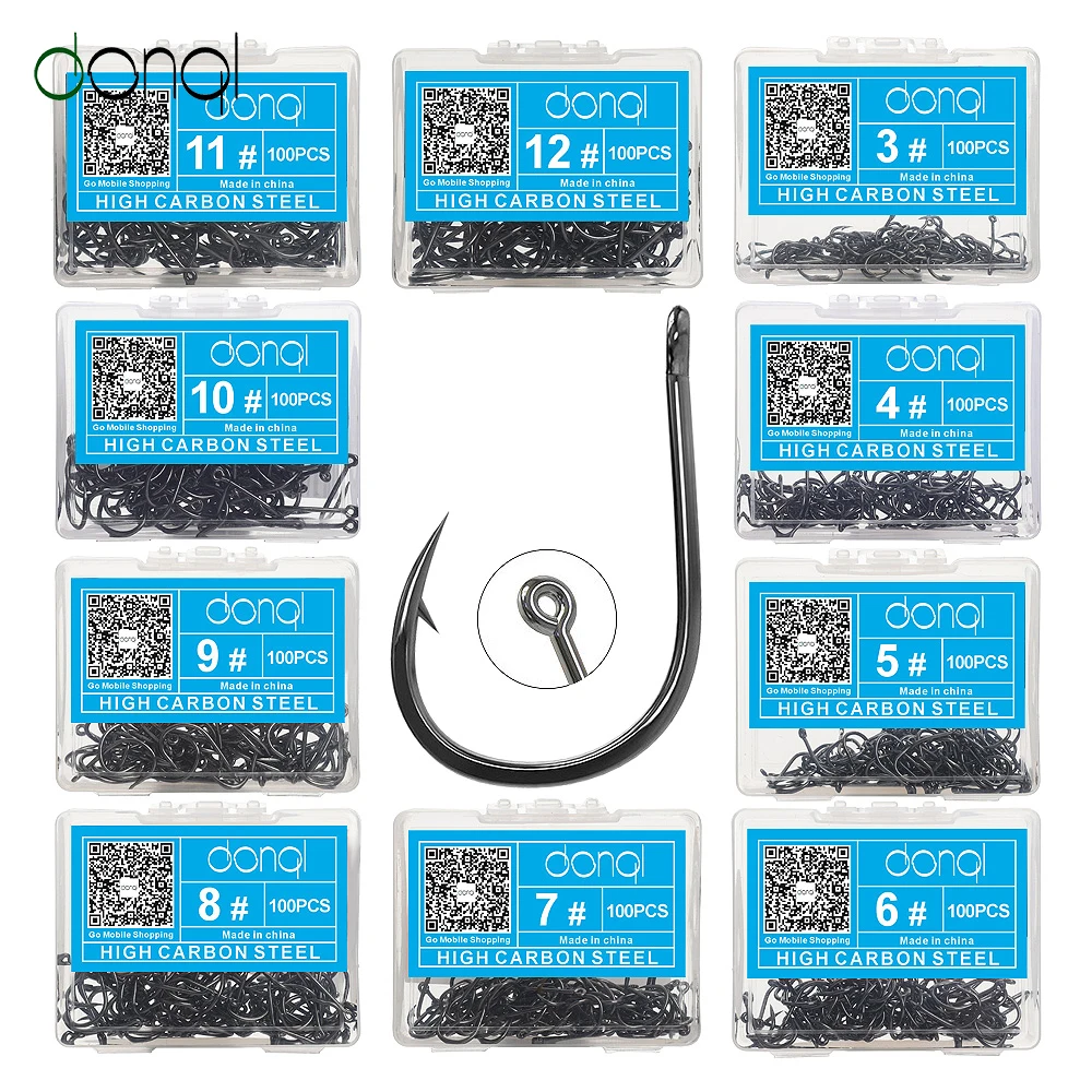 DONQL 100pcs Fishing Hooks Set Carbon Steel Single Circle Fishhook Fly Fishing Jip Barbed Carp Hooks Sea Tackle Accessories