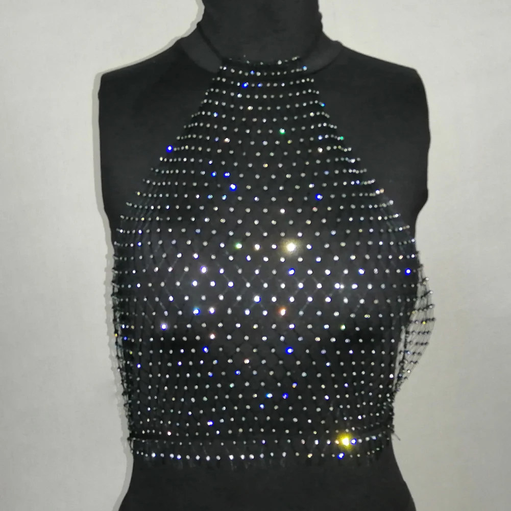 

Women Cover Up Fishnet Mesh Summer Two Pieces Sexy Beautiful Fashion Rhinestone Halterneck Travel Beach Swim Party Shiny