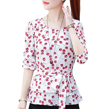 

Polka Dot Printed Lady Chiffon Blouses Size S-3XL Korean Fashion Smart Waist Rayon Sweet Women White Shirts