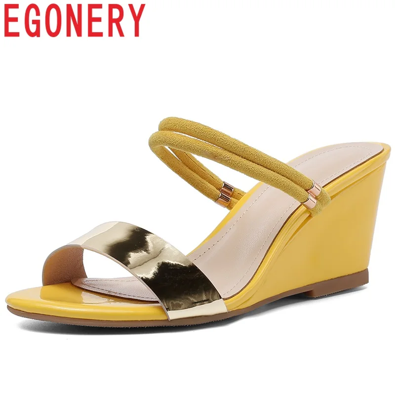 

EGONERY barnd yellow genuine leather woman mules shoes sexy black beach Slides high heels wedges shoes fashion girl Slippers