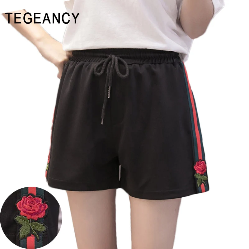 TEGEANCY 2017 Summer Flower Red Rose Embroidery Shorts Women Draw Cord