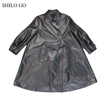 

SHILO GO Leather Trench Womens Spring Fashion sheepskin genuine leather long coat lapel collar single breasted Casual loose coat