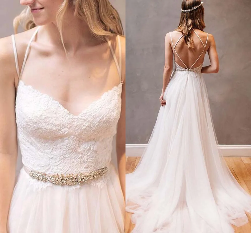 

Beach Wedding Dress Tulle A Line Spaghetti Straps Lace Appliques Robe De Mariee 2019 Sexy Bridal Dresses Boho Wedding Dress