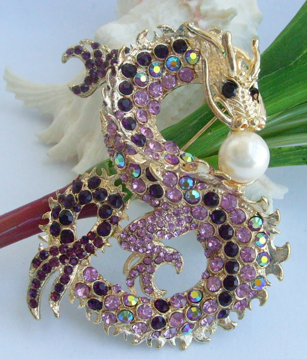 3.54" Unique Dragon Brooch Pin w Purple Rhinestone Crystals EE05025C11