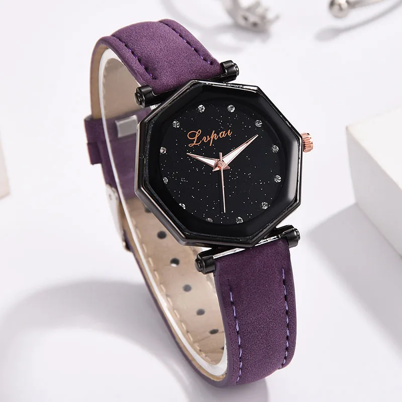 

Women Watch Set Auger Polygon Dial Starry Sky Masonry Quartz Wrist Watches Frosted PU Leather Band Watches LXH