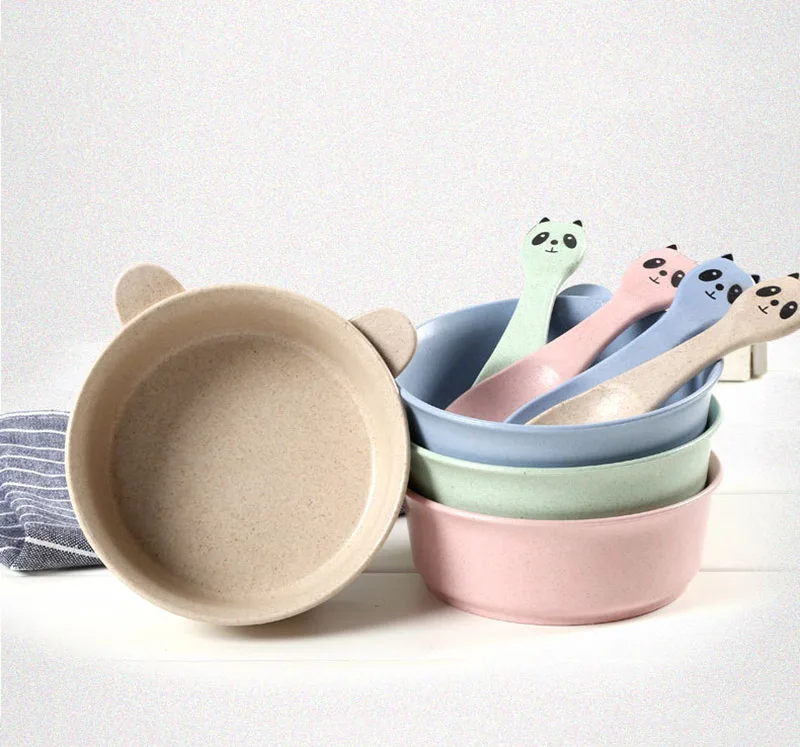 2 PcsSet Baby Feeding Food Tableware Panda Wheat Kid Dishes Eco-Friendly Children Training Dinnerware Plate Bowl Spoon BB5088 (10)