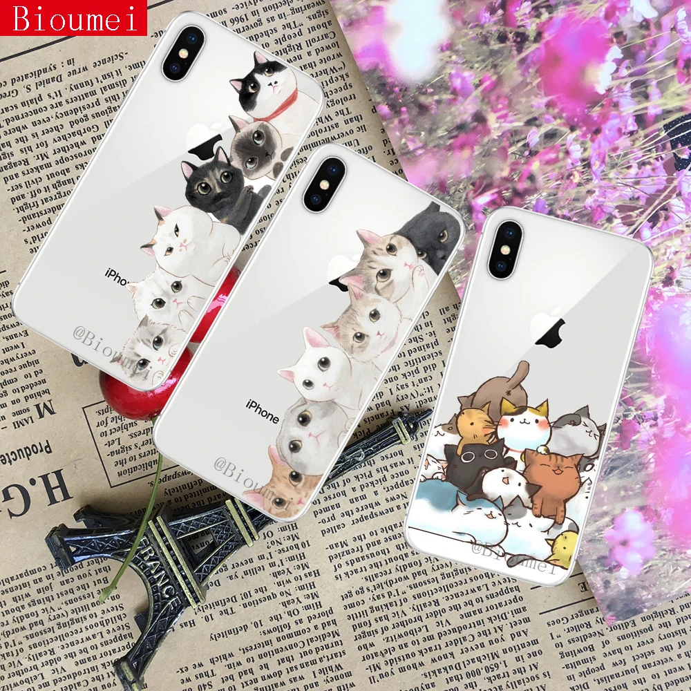 

Bioumei Cute cat lovely phone case For iPhone XR XS Max 5 6 6s 7 8 Plus Transparent Cartoon TPU Coque for iPhone X 23