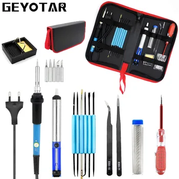 

Eu Plug 220v 60w Adjustable Temperature Electric Soldering Iron Kit+5pcs Tips Portable Welding Repair Tool Tweezers Solder Wire