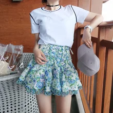 Летняя новая льняная кружевная юбка-пачка на шнуровке с цветочным принтом-Лазурная мини-юбка с отделкой ручной работы